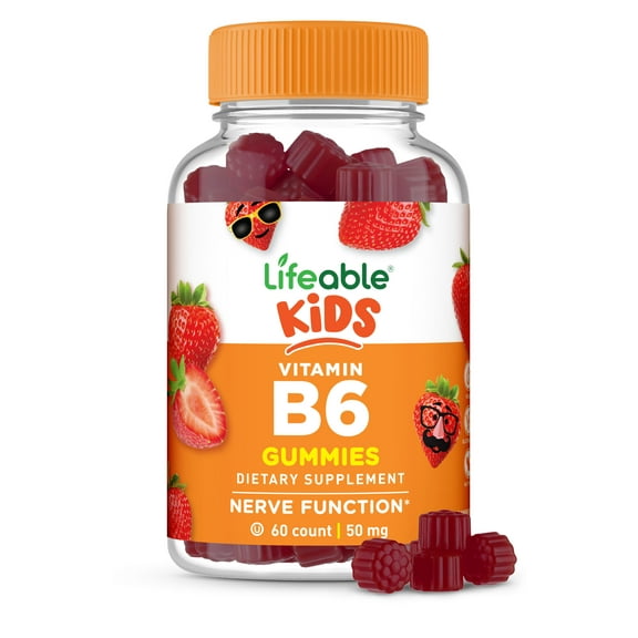 Vitamin B6 Gummies For Kids | Great Tasting B6 Vitamins 50mg | Vegan non-GMO Gluten Free | for Nerve Function support | 60 Gummies | Lifeable