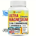 thumbnail image 1 of Vitamin B6 & Magnesium Glycinate, Malate, Citrate, Oxide, Taurinate, 5 in 1 Formula, 120 Purified Veggie Capsule, 420 mg, Gluten Free, Non-GMO, 60 Days Serving, 1 of 7
