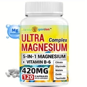 Vitamin B6 & Magnesium Glycinate, Malate, Citrate, Oxide, Taurinate, 5 in 1 Formula, 120 Purified Veggie Capsule, 420 mg, Gluten Free, Non-GMO, 60 Days Serving