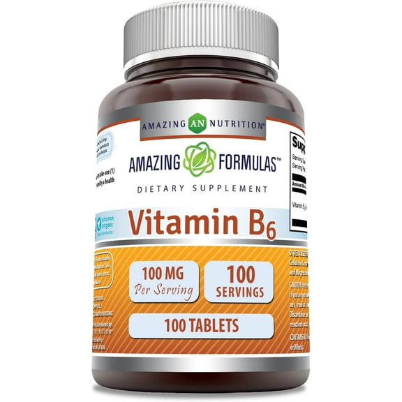 Amazing Formulas Vitamin B6 (Pyridoxine HCI) 100 Mg Per Serving 100 Tablets Supplement | Non-GMO | Gluten-Free |