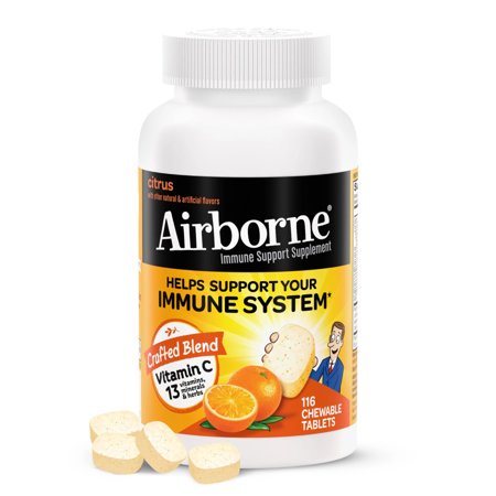 Vitamin C 1000mg - Airborne Citrus Chewable Tablets (116 count in a bottle), Gluten-Free Immune Support Supplement and High in Antioxidants, Packaging May Vary, 116 Count