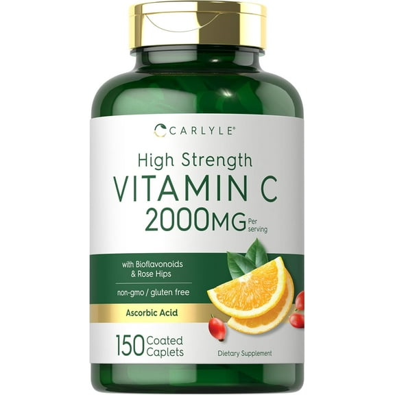 Vitamin C 2000mg | 150 Vegetarian Caplets | For Men and Women | With Rose Hips | by Carlyle