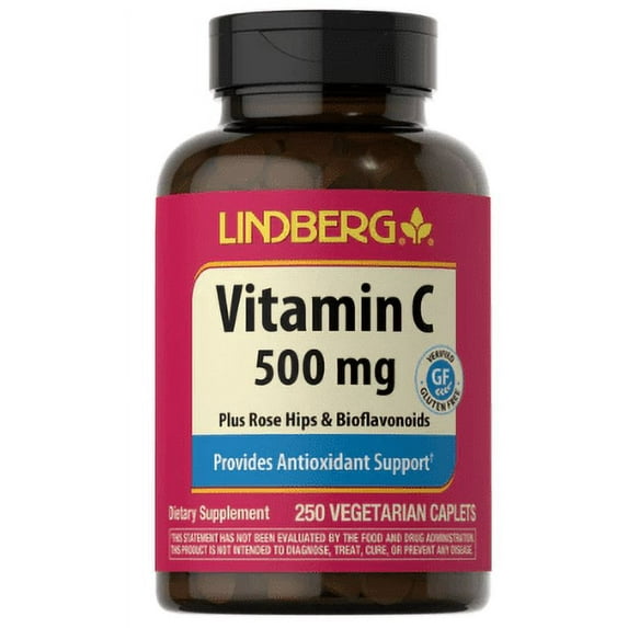 Vitamin C 500 mg with Rose Hips | 250 Caplets | with Bioflavonoids | by Lindberg