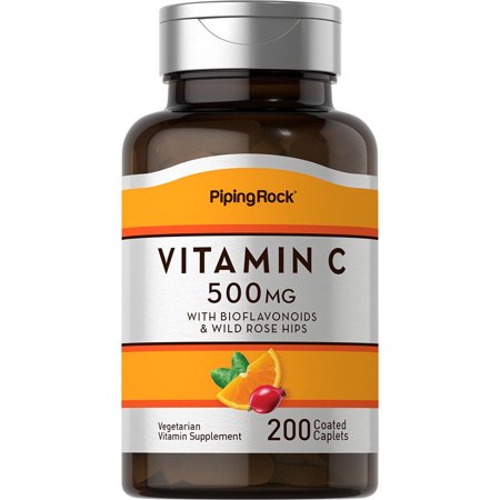 Vitamin C 500mg | 200 Caplets | with Bioflavonoids & Rose Hips | Vegetarian, Non-GMO, Gluten Free Supplement | By Piping Rock