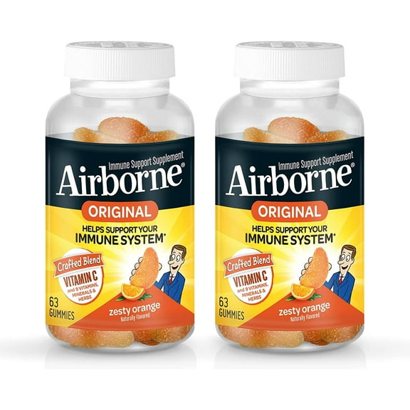 Airborne 750mg Vitamin C Immune Support Supplement Gummies for Adults, Zesty Orange Flavor, Gluten Free Crafted Blend with Powerful Antioxidants Vitamins A C & E, 63 Gummies (2 Pack)