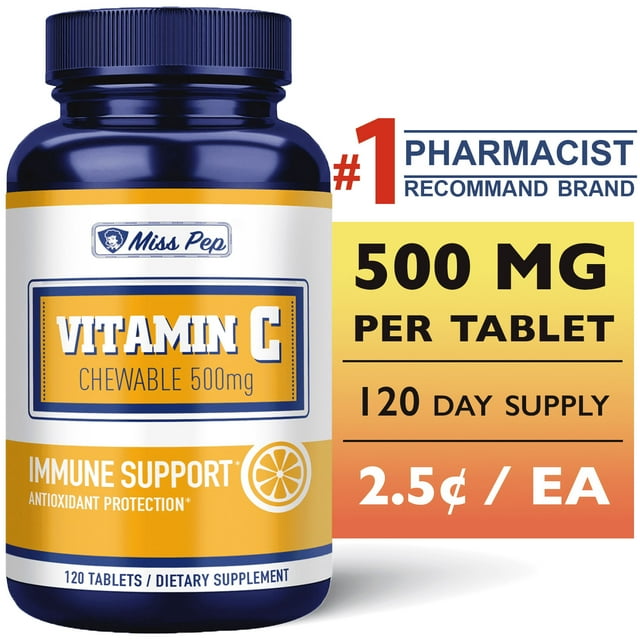 Vitamin C Chewable Tablets 500 mg 120 Count, Orange Flavor