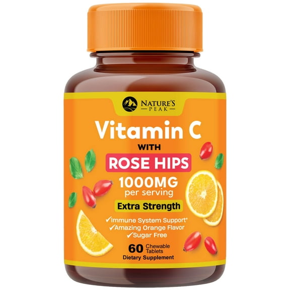 Vitamin C 1000mg Chewable Supplement - Extra Strength Immune Support Vitamin C Dietary Supplement with Rose HIPS, Nature's VitaminC Antioxidant Support, Natural, Vegan, Orange Flavor - 60 Tablets