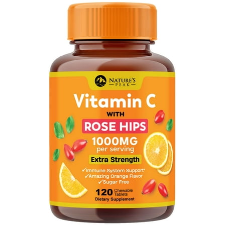 Vitamin C 1000mg Chewable Supplement - Extra Strength Immune Support Vitamin C Dietary Supplement with Rose HIPS, Nature's VitaminC Antioxidant Support, Natural, Vegan, Orange Flavor - 120 Tablets