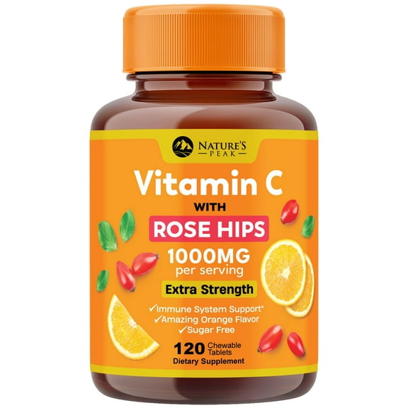 Vitamin C 1000mg Chewable Supplement - Extra Strength Immune Support Vitamin C Dietary Supplement with Rose HIPS, Nature's VitaminC Antioxidant Support, Natural, Vegan, Orange Flavor - 120 Tablets