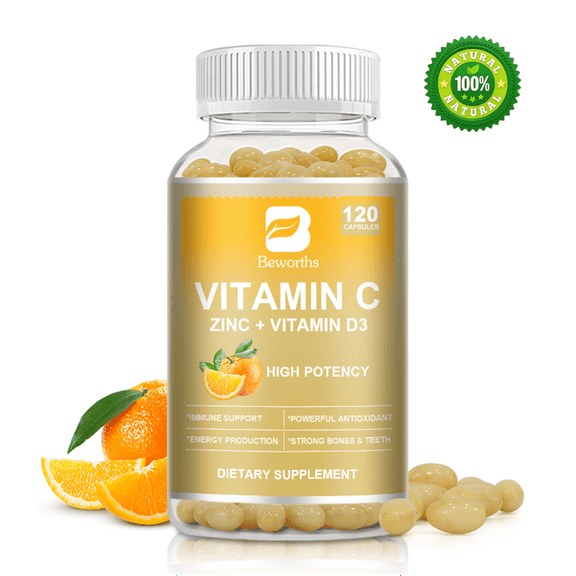 Vitamin C Capsules with Zinc Vitamin D3 Echinacea Extract Rose Hip, BEWORTHS Vitamin C Supplement for Prevent Arteriosclerosis & Anemia, Immune Support, 120 Capsules
