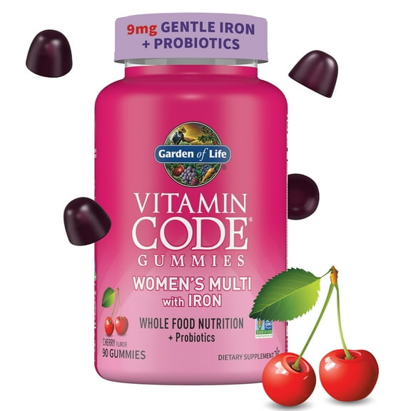 Womens Multivitamin Gummy with Iron: Folate, Biotin, D3 & B12 for Hair, Skin & Nails + Probiotics for Immune Health & Digestion, Vitamin Code, Non-GMO, Gluten-Free, 90 Cherry Gummies, 30 Day Supply