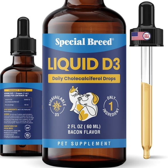 Vitamin D for Dogs and for Cats Liquid Drops - Vitamin D3 Cholecalciferol - Bone Health and Calcium Absorption Support - Immune Support - MCT Oil for Absorption - Easy to Dose - 2 fl oz