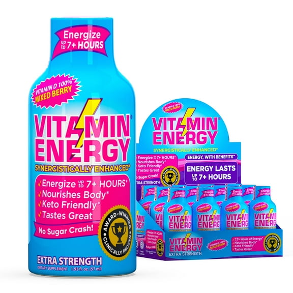 Vitamin Energy Vitamin D Extra Strength Shot, Mixed Berry, 12 Pack – 260mg Natural Caffeine, B-Complex & Vitamin D, Zero Sugar, 1.93 fl oz