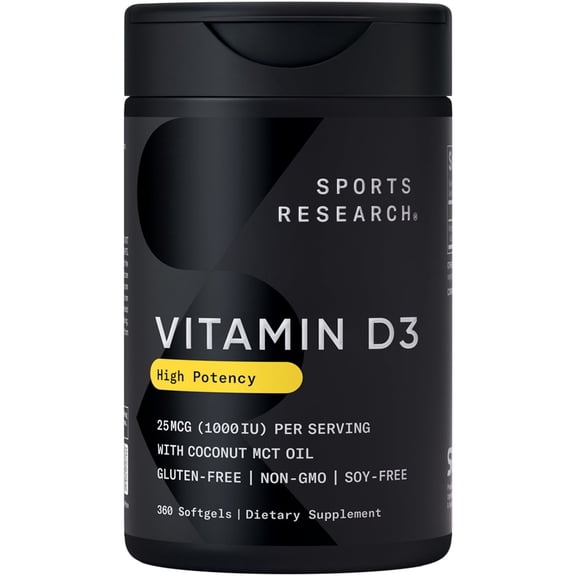 Sports Research® Vitamin D3 1000 IU with Coconut Oil - Non-GMO Gluten & Soy Free (360 Softgels)