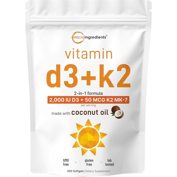 Micro Ingredients Vitamin D3 2,000 IU + K2 MK-7 50 mcg, 300 Virgin Coconut Oil  Softgels | 2-in-1 Bone, Immune & Heart Support