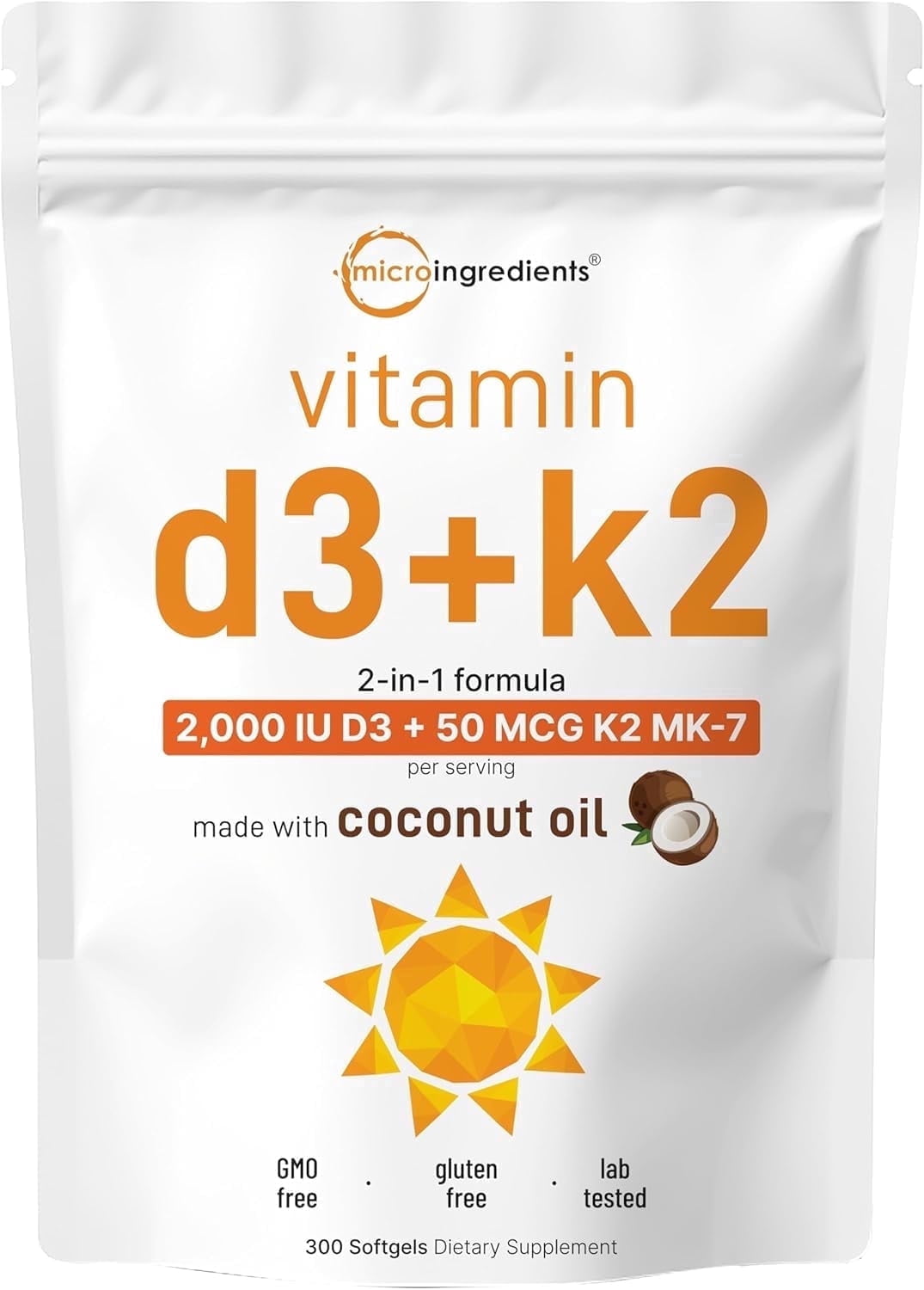 Micro Ingredients Vitamin D3 2,000 IU + K2 MK-7 50 mcg, 300 Virgin Coconut Oil Softgels | 2-in-1 Bone, Immune & Heart Support