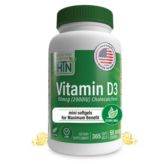 Vitamin D3 2,000iu (NON-GMO) 365 Softgels in Organic Extra Virgin Olive Oil by Health Thru Nutrition