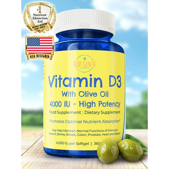 Vitamin D3 4000 IU Dietary Supplement W/ Extra Virgin Olive Oil, 360 Softgels by NextGenU