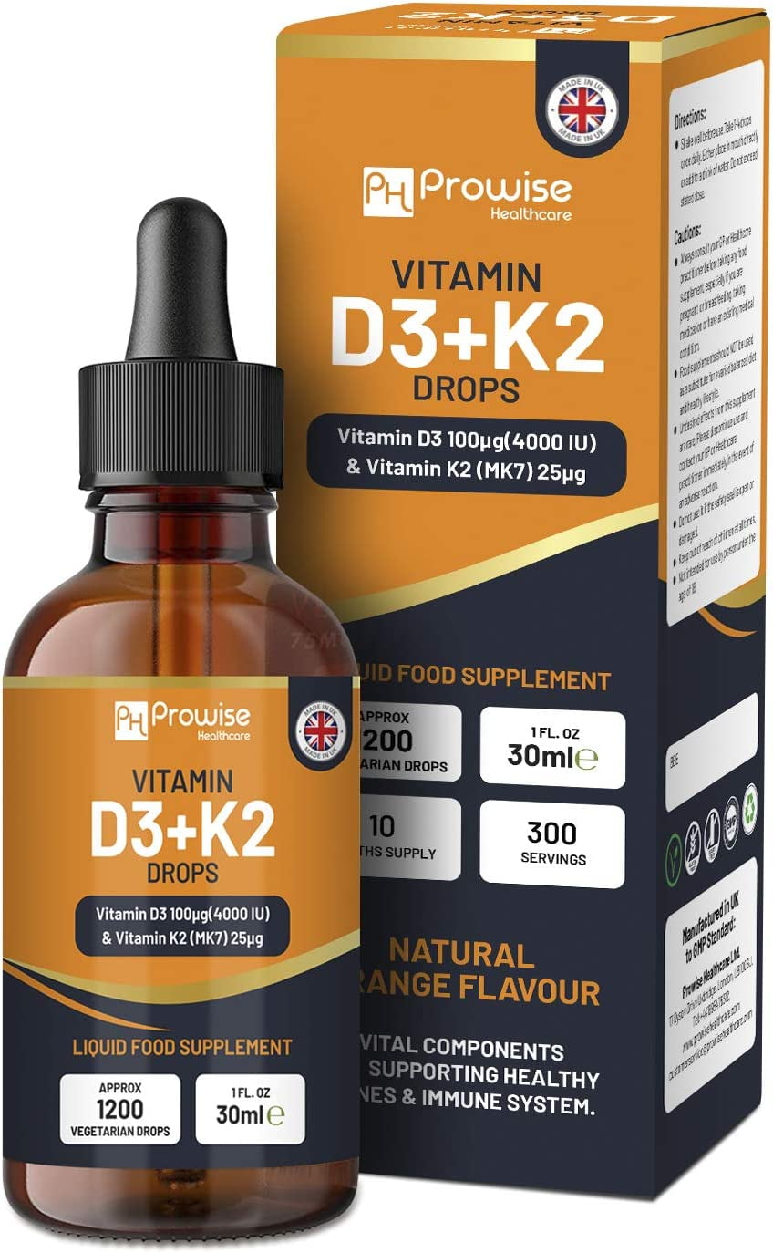 Vitamin D3 4000iu + K2 MK7 25µg I Orange Liquid Drops I High Strength 4000iu D3 + 25µg K2- 30ml Bottle I Fast Absorption I 1200 Vegetarian Drops - Made in UK by Prowise Healthcare