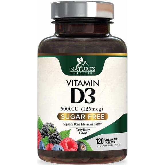 Vitamin D3 5000 IU (125 mcg) Nature's Extra Strength Vitamin D Supplement Chewable for Immune Support Health, Bone, Teeth and Muscle Supplements - Sugar Free, Non-GMO, Gluten Free - 120 Count Tablets