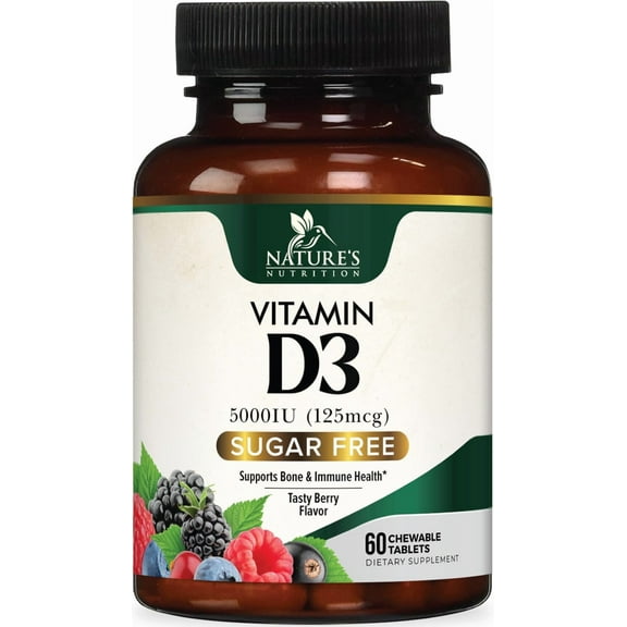 Vitamin D3 5000 IU (125 mcg) Nature's Extra Strength Vitamin D Supplement Chewable for Immune Support Health - Bone, Teeth and Muscle Supplements - Sugar Free, Non-GMO, Gluten Free - 60 Count Tablets