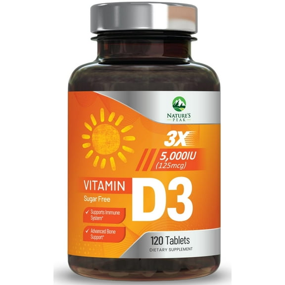 Vitamin D3 5000iu (125 mcg) - 3X Strength Immune Health Support Vitamin D Dietary Supplement for Bone, Teeth, Muscle - Nature's VIT D, Vegan, Gluten Free, Raspberry Flavor - 120 Chewable Tablets