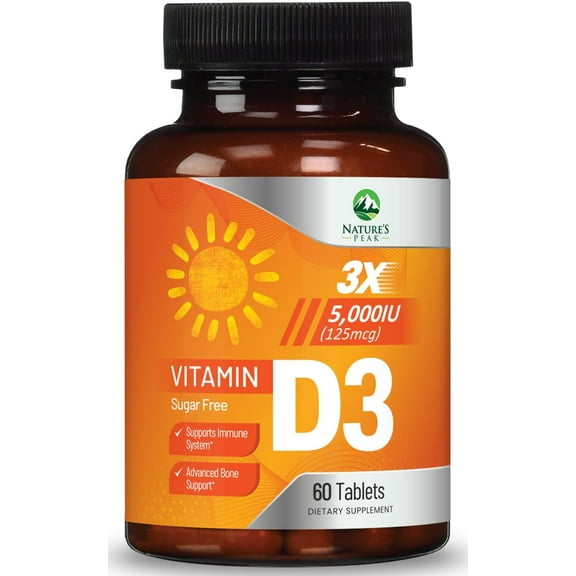 Vitamin D3 5000iu (125 mcg) - 3X Strength Immune Health Support Vitamin D Dietary Supplement for Bone, Teeth, Muscle - Nature's VIT D, Vegan, Gluten Free, Raspberry Flavor - 60 Chewable Tablets