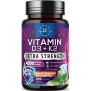 Vitamin D with K2 (MK-7) - Vitamin D3 4000IU (100mcg) Per Serving - D3K2 Complex Supplement for Bone, Teeth, Muscle, Calcium Absorption, Immune Support & Heart Health - Bottled in USA - 240 Softgels