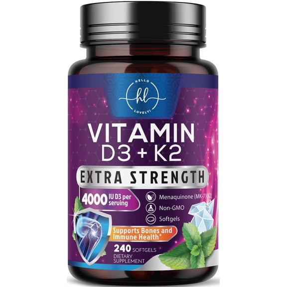 Vitamin D with K2 (MK-7) - Vitamin D3 4000IU (100mcg) Per Serving - D3K2 Complex Supplement for Bone, Teeth, Muscle, Calcium Absorption, Immune Support & Heart Health - Bottled in USA - 240 Softgels