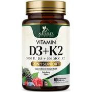 Vitamin D3 K2 Supplement | 5000 IU D3 + K2 100 mcg | MK-7 K2 with Vitamin D | Supports Immune, Heart, Teeth & Bone Health - Natures Easy to Chew, VIT D3 K2, Non-GMO, Tasty Berry Flavor - 60 Tablets