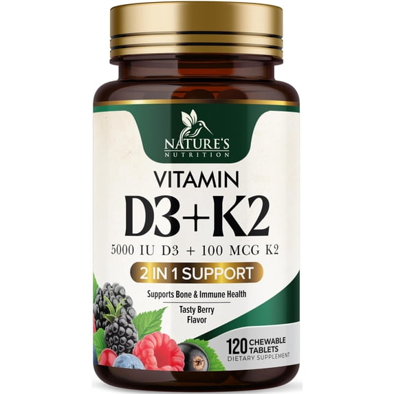 Vitamin D3 K2 Supplement | 5000 IU D3 + K2 100 mcg | MK-7 K2 with Vitamin D | Supports Immune, Heart, Teeth & Bone Health - Nature's Easy to Chew, VIT D3 K2, Non-GMO, Tasty Berry Flavor - 120 Tablets