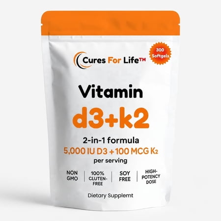 Cures For Life Vitamin D3 5000 IU with K2 MK-7 100 mcg, 300 Softgels – High Potency, Virgin Coconut Oil – Bone, Heart & Immune Support – Non-GMO, Easy to Swallow