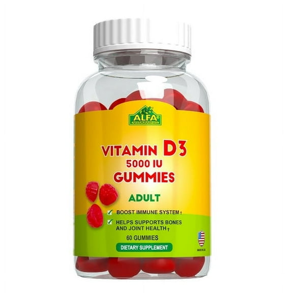 Vitamin D3 500IU Gummies for Adults by Alfa Vitamins for Bones & Joint Health, Immune System Support , Muscle Function - 60 Gummies