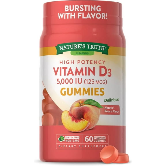 Vitamin D3 Gummies | 5000 IU | 60 Count | For Men and Women | Peach Flavor | by Nature's Truth