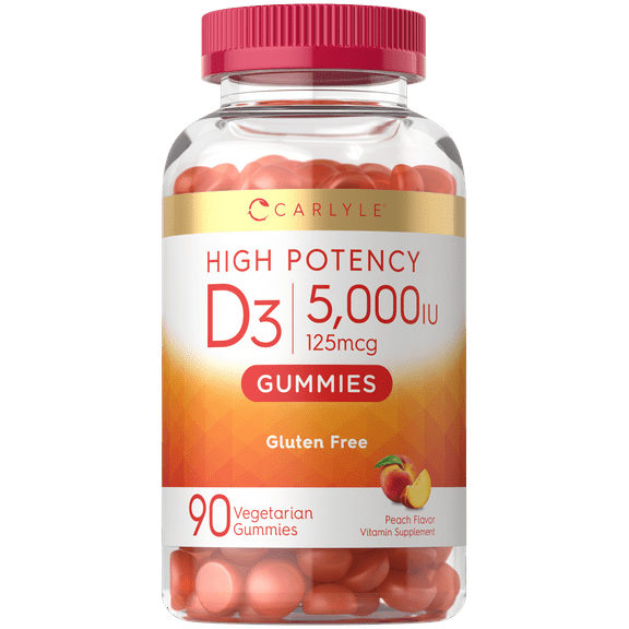Vitamin D3 Gummies | 90 Count | Vegetarian, Non-GMO, Gluten Free | Peach Flavor | by Carlyle