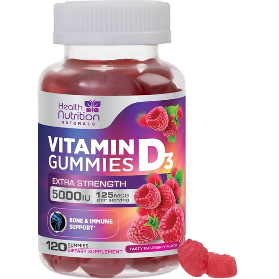 Vitamin D3 Gummies 5000 IU (125 mcg) - 3X Strength Immune Support and Bone Support, Vitamin D Gummy Dietary Supplement, Nature's Berry D Vitamin Supplement, Raspberry Flavored, Non-GMO - 120 Gummies