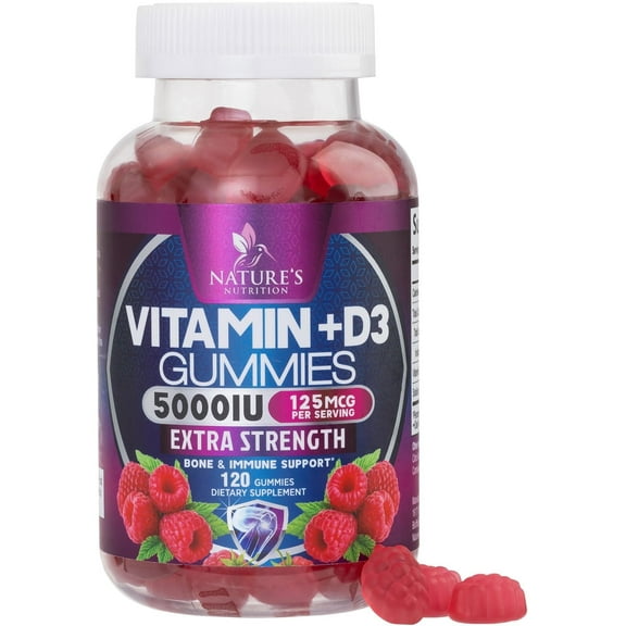 Vitamin D3 Supplement Gummy 5000 IU (125 mcg) Dietary Vitamins D for Men & Women - Bone, Teeth, Muscle and Immune Health Support, High Potency VIT D3 Nature's Non-GMO & Gluten Free - 120 Gummies