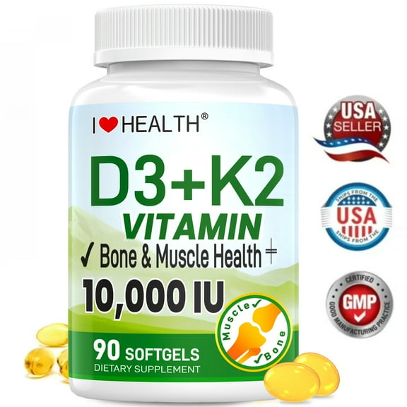 Vitamin D3 + K2 10000 IU, 90 Virgin Coconut Oil Softgels, 2 in 1 Vitamins Supplement D & K (Include MK7), Easy to Swallow, Supports Calcium Absorption, Bone Health