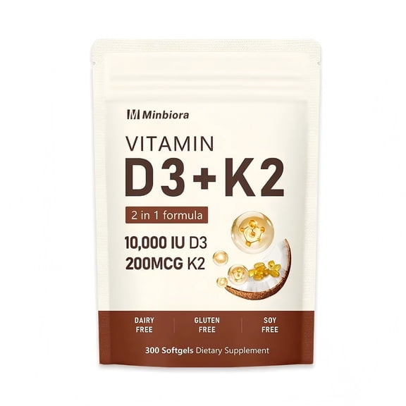 Vitamin D3 K2 2-in-1 Daily Nutrient Supplement, 10000 IU D3 & 200 MCG MK7 K2 Coconut Oil Softgels, Dairy Gluten Soy Free, 300 Count for Adult Wellness