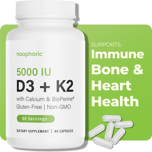 Noophoric Vitamin D3 K2 5000 IU Supplement with Calcium, BioPerine - Non-GMO, 60 Capsules