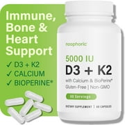 Noophoric Vitamin D3 K2 5000 IU Supplement - Calcium with Vitamin D, 60 Capsules