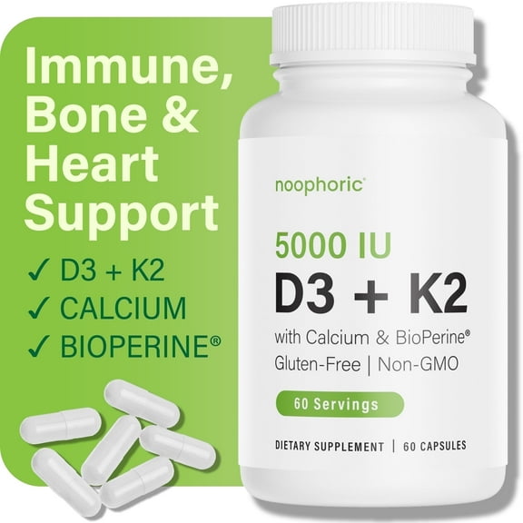 Noophoric Vitamin D3 K2 5000 IU Supplement with Calcium, BioPerine - Non-GMO, 60 Capsules