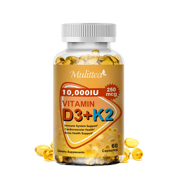Vitamin D3 + K2 Capsules, 10000 IU Vitamin D3 with 250 Mcg K2 (MK7) Supplement, 60 Softgels