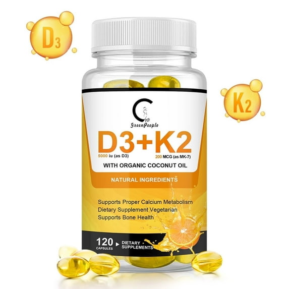 Vitamin D3+K2 Capsules, Vitamin D3 5000 IU and Vitamin K MK7 200mcg for Support Immune & Joint Health | 120 Capsules | by Greenpeople