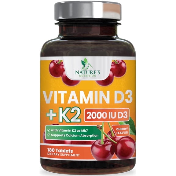 Vitamin D3 K2 2000 IU Plus with K2 (MK-7) 75 mcg, Vitamins D & K Complex Supplement for Bone, Teeth, Muscle, Calcium Absorption, Supports Immune & Heart Health, Non-GMO Chewable Formula - 180 Tablets