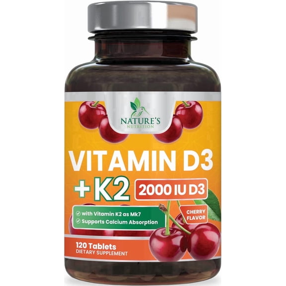 Vitamin D3 K2 2000 IU Plus with K2 (MK-7) 75 mcg, Vitamins D & K Complex Supplement for Bone, Teeth, Muscle, Calcium Absorption, Supports Immune & Heart Health, Non-GMO Chewable Formula - 120 Tablets