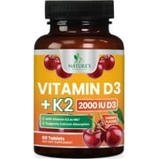Vitamin D 2000 IU 50mcg Per Tablet - Vitamins D3 & K2 (MK7) Complex Supplement for Bone, Teeth, Muscle, Calcium Absorption, Supports Immune & Heart Health, Chewable Formula USA Bottled - 60 Tablets