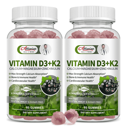 Vitamin D3 K2 Gummies - 10,000 IU of D3   200 mcg MK7 - Supports Healthy Bone,Heart & Calcium Absorption,& Immune Health - Non-GMO,Sugar-Free,120 Ct,2 Pack