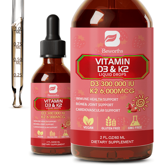 Vitamin D3 K2 Liquid Drops,10,000 IU D3 & 200Mcg K2 per Serving, Support Bone, Heart, Joint, 2 fl oz