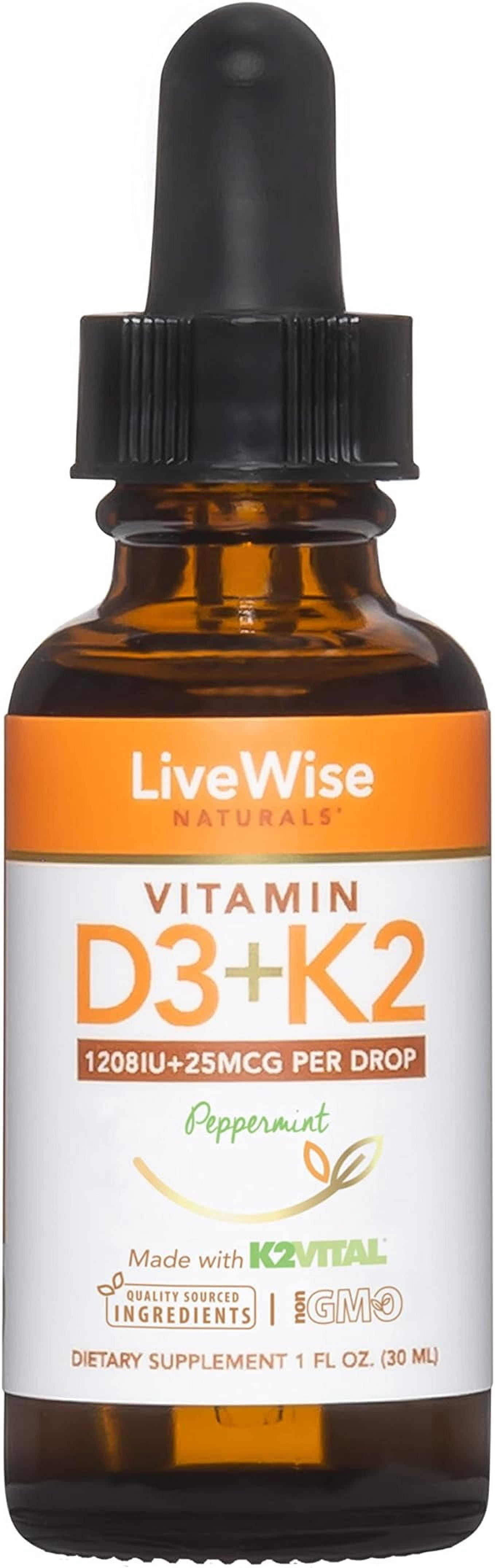 Vitamin D3 with K2 Liquid Drops, All Natural, Non GMO, 1208IU D3 and 25mcg K2 (MK7) Per Serving, Support Your Bones, Immune System and Energy Levels, with or Without Peppermint Oil